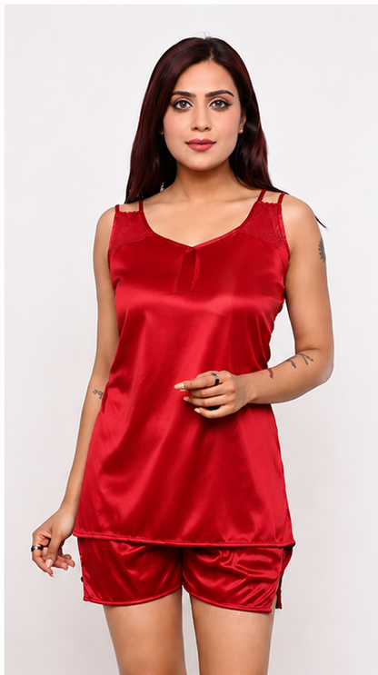 Silky Comfort Satin Nightwear Set – Soft, Lightweight &amp; Stylish Sleepwear for Women (Red)
