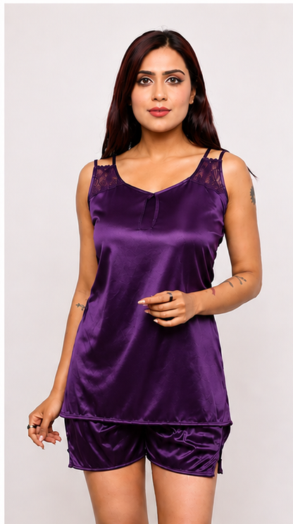 Silky Comfort Satin Nightwear Set – Soft, Lightweight &amp; Stylish Sleepwear for Women (Purple)