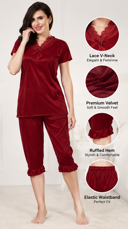 Women’s ComfortFit Maroon Night Suit – Soft, Relaxing &amp; Stylish Sleepwear Set