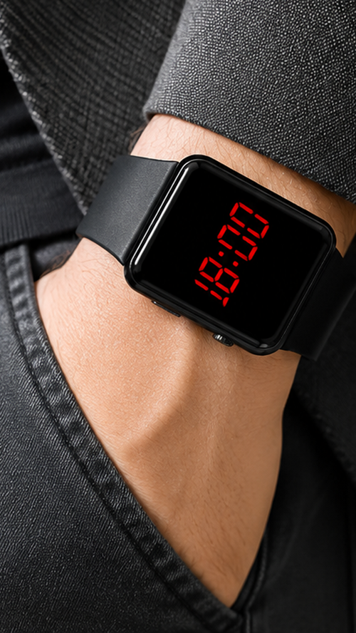 LED Digital Touch Display Watch for Men – Ultra Slim Black Silicone Strap Wrist Watch