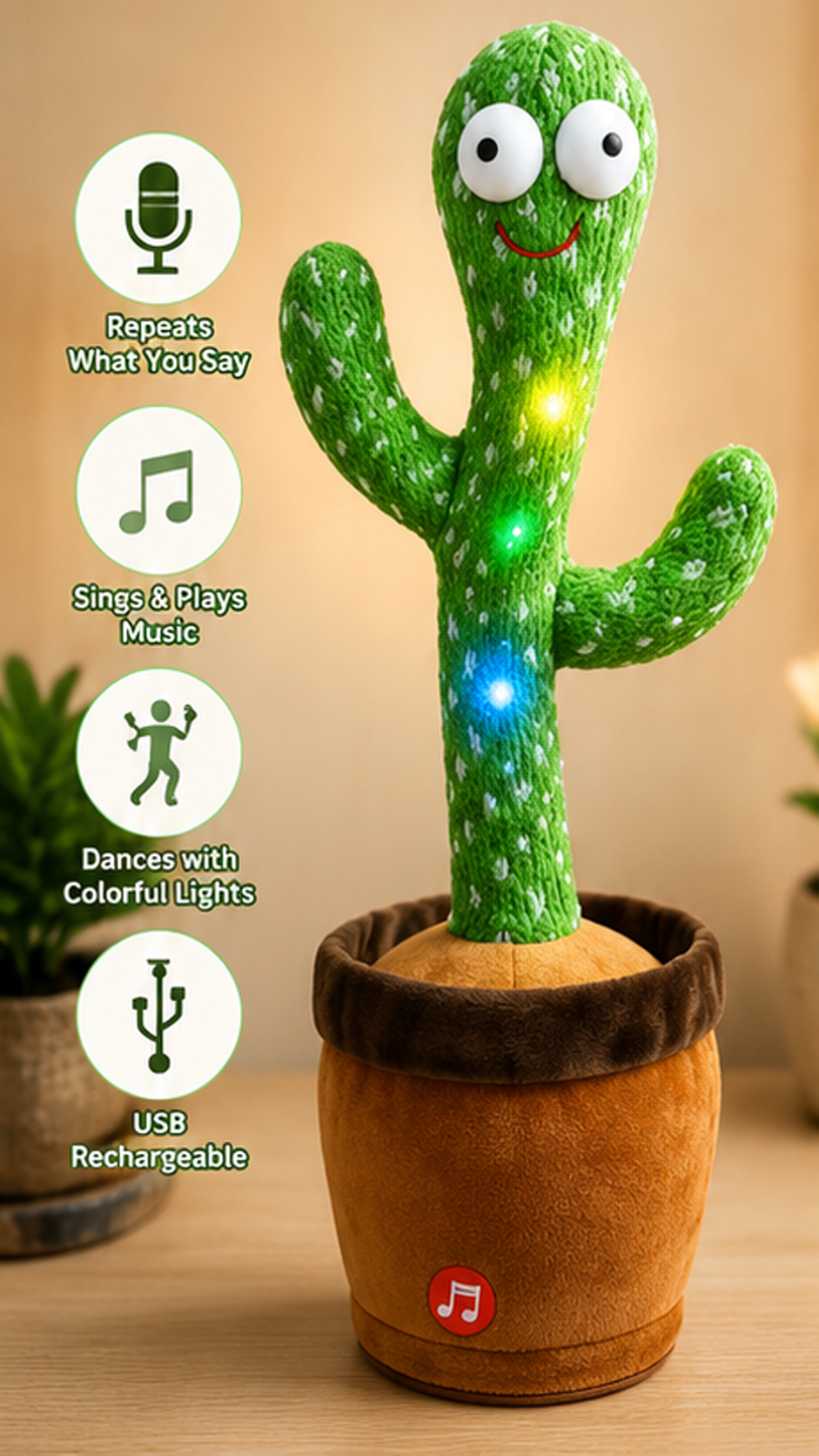 🌵 Interactive Talking & Dancing Cactus Toy with Music, LED Lights & Voice Repeat for Kids
