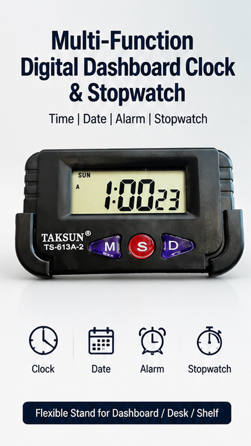 Multi-Function Digital Dashboard Clock & Stopwatch with Flexible Stand | LCD Time, Date & Alarm Display