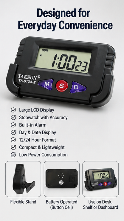 Multi-Function Digital Dashboard Clock & Stopwatch with Flexible Stand | LCD Time, Date & Alarm Display