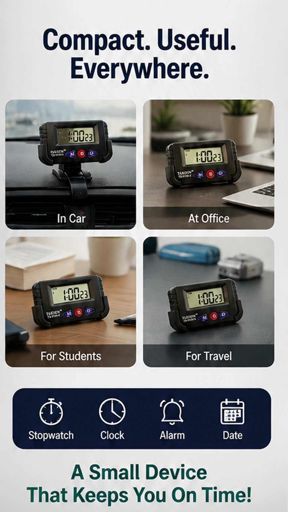 Multi-Function Digital Dashboard Clock & Stopwatch with Flexible Stand | LCD Time, Date & Alarm Display