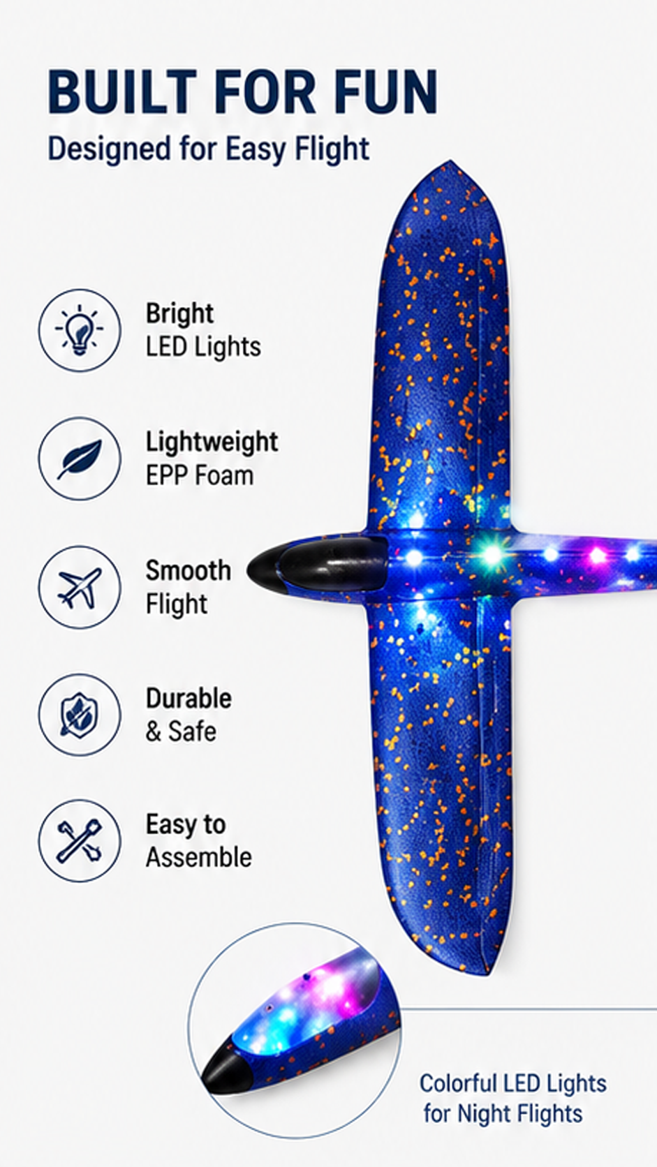 33cm LED Flash Foam Glider Plane – Hand Throw Flying Airplane Toy for Kids