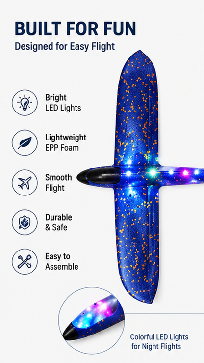 33cm LED Flash Foam Glider Plane – Hand Throw Flying Airplane Toy for Kids
