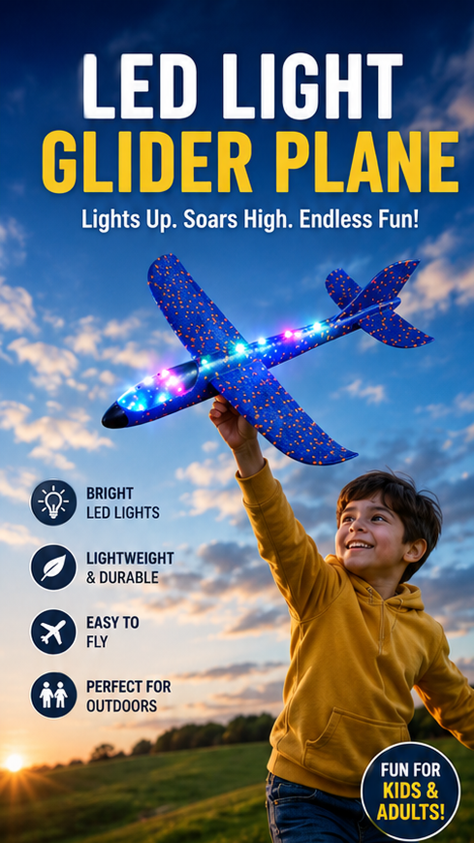 33cm LED Flash Foam Glider Plane – Hand Throw Flying Airplane Toy for Kids