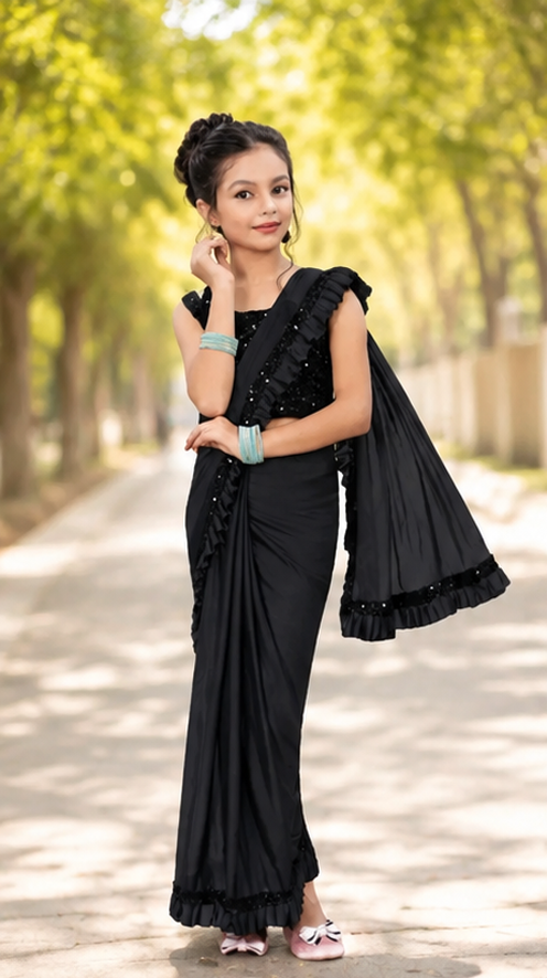 Princess Grace Girls’ Designer Lycra Saree (Black)