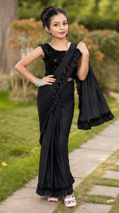 Princess Grace Girls’ Designer Lycra Saree (Black)