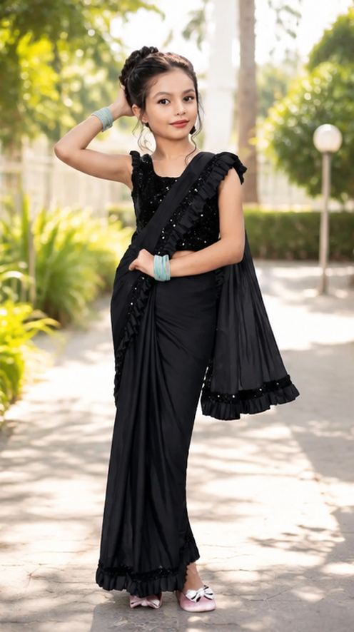 Princess Grace Girls’ Designer Lycra Saree (Black)