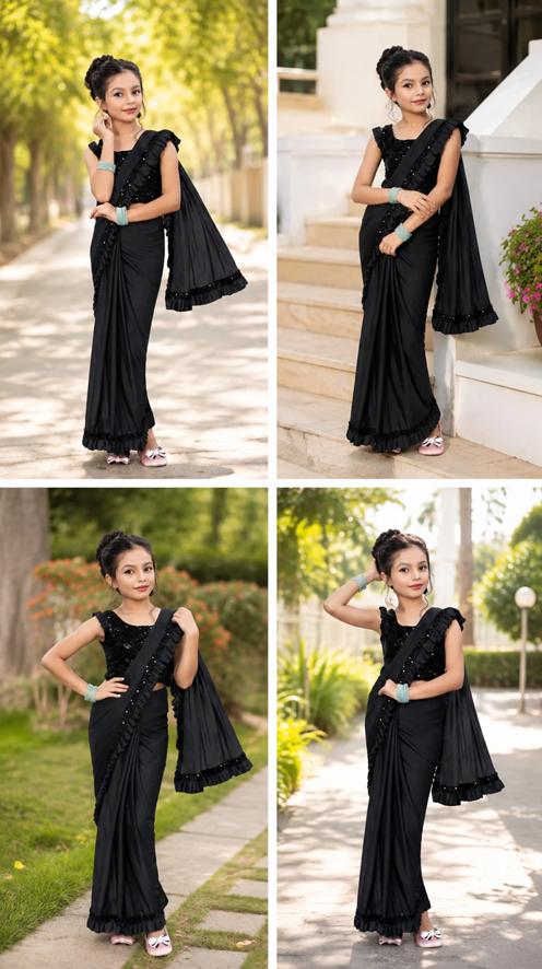 Princess Grace Girls’ Designer Lycra Saree (Black)