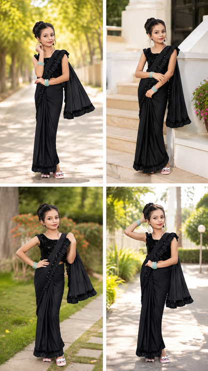 Princess Grace Girls’ Designer Lycra Saree (Black)