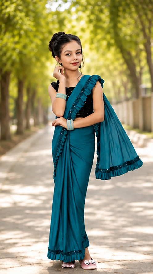 Princess Grace Girls’ Designer Lycra Saree (Sky Blue)