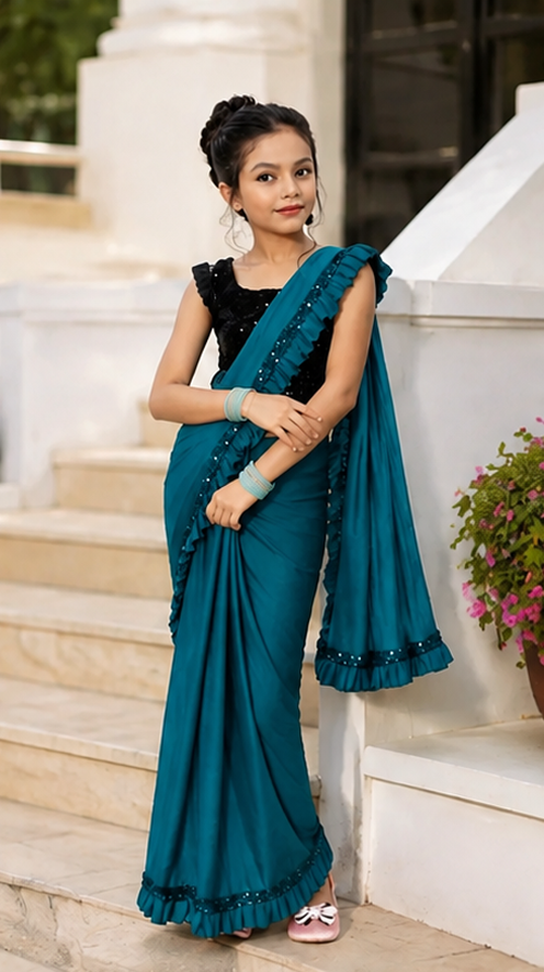 Princess Grace Girls’ Designer Lycra Saree (Sky Blue)