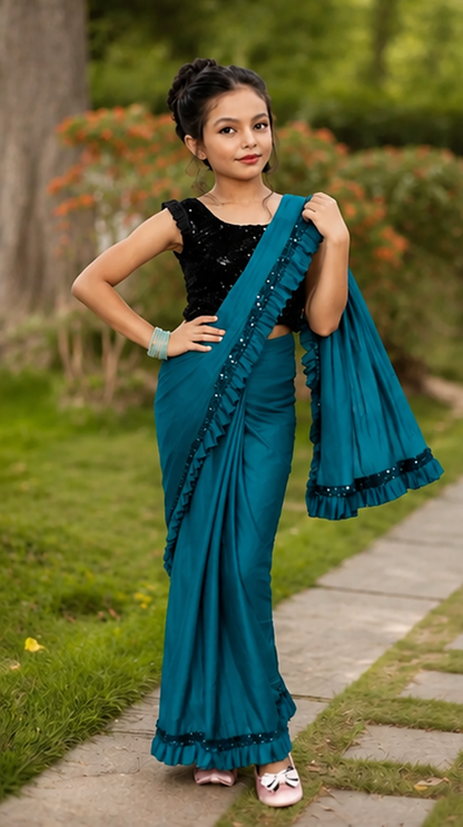 Princess Grace Girls’ Designer Lycra Saree (Sky Blue)