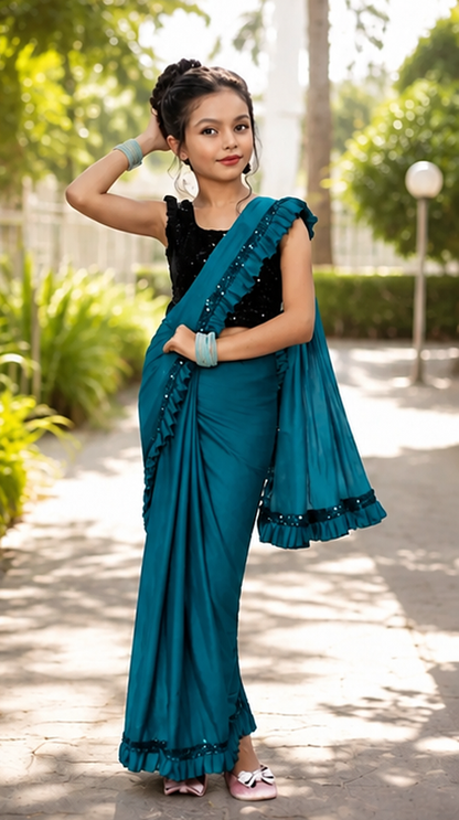 Princess Grace Girls’ Designer Lycra Saree (Sky Blue)