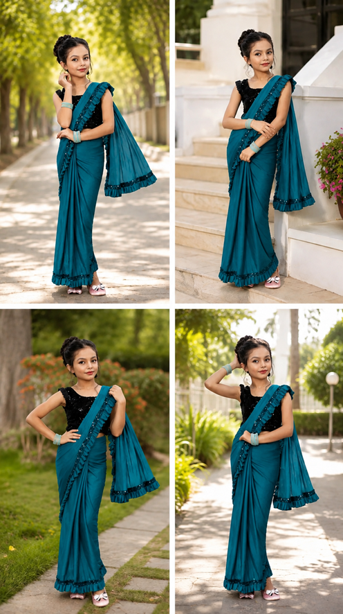 Princess Grace Girls’ Designer Lycra Saree (Sky Blue)