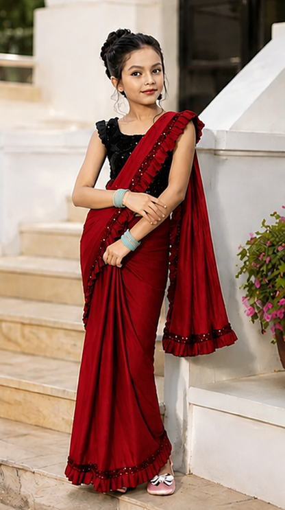 Princess Grace Girls’ Designer Lycra Saree (Red)