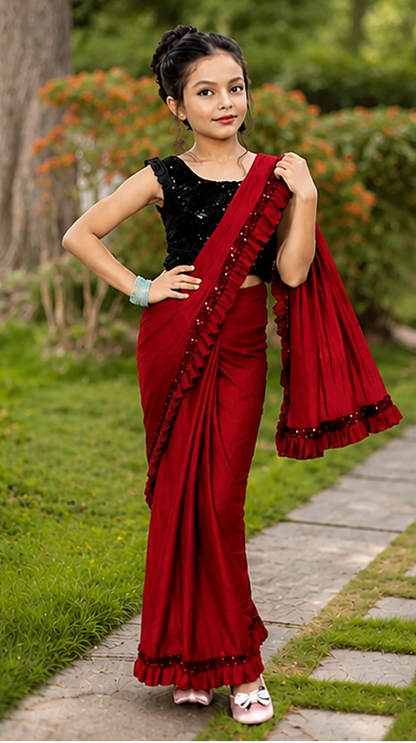 Princess Grace Girls’ Designer Lycra Saree (Red)