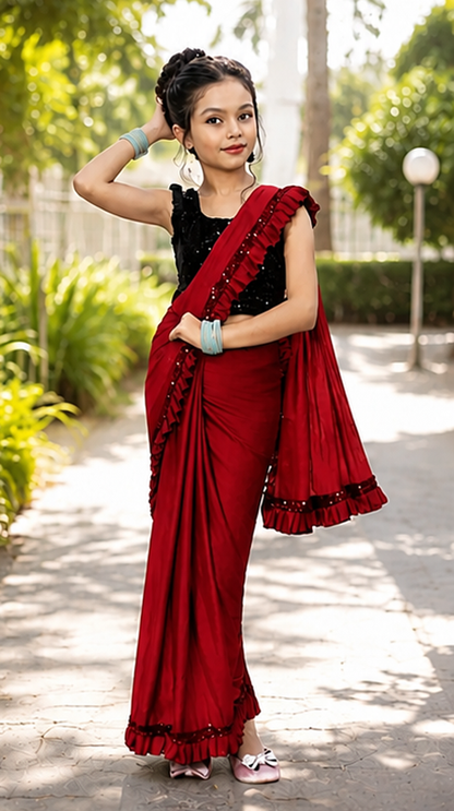 Princess Grace Girls’ Designer Lycra Saree (Red)