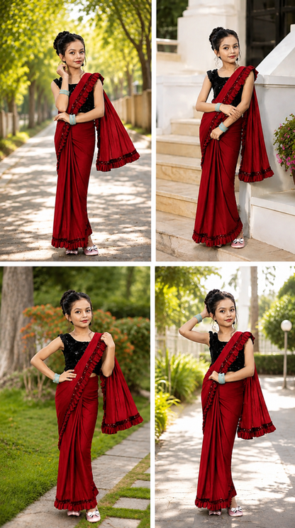 Princess Grace Girls’ Designer Lycra Saree (Red)