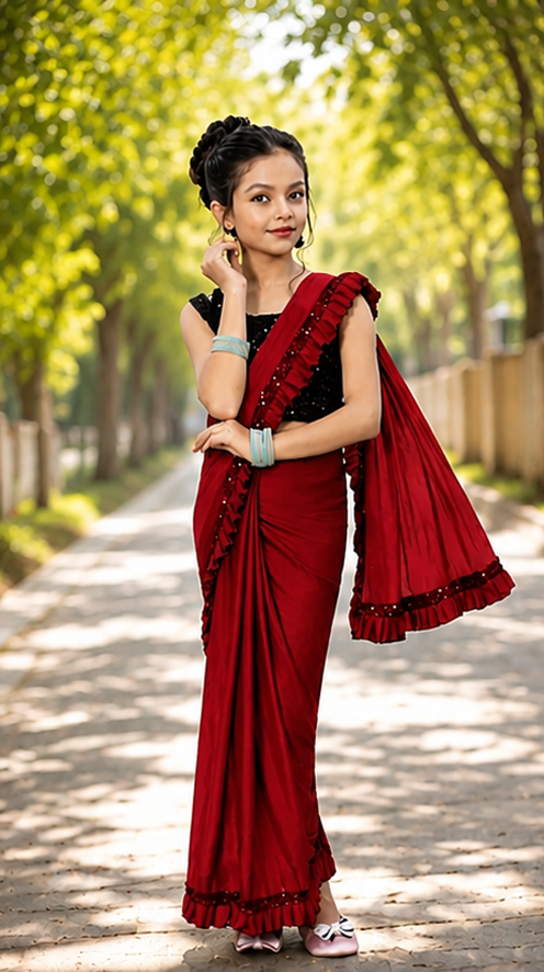 Princess Grace Girls’ Designer Lycra Saree (Red)