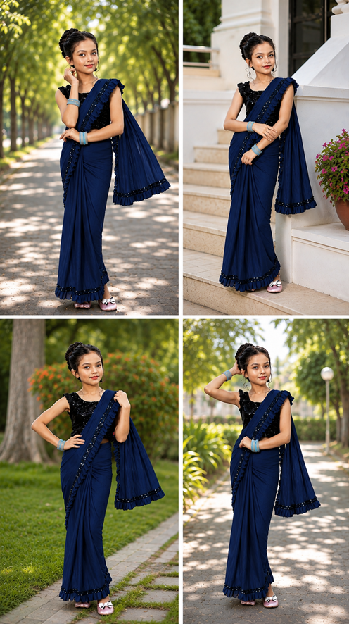 Princess Grace Girls’ Designer Lycra Saree (Navy Blue)