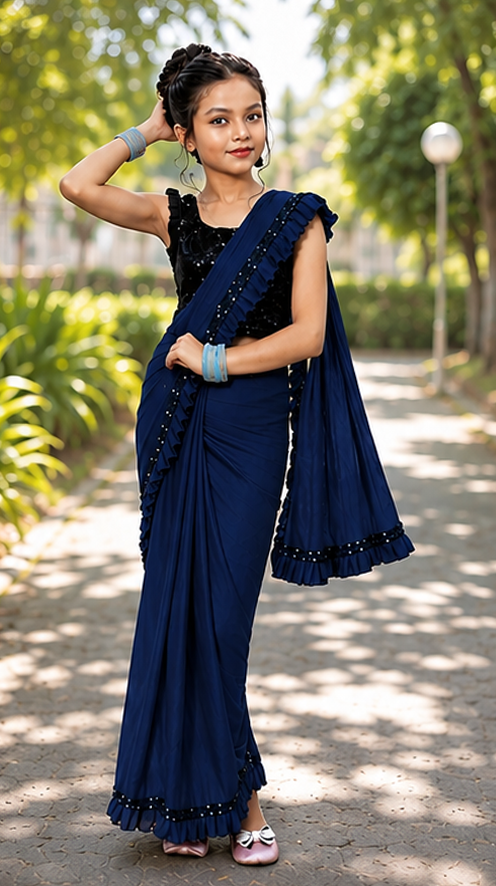 Princess Grace Girls’ Designer Lycra Saree (Navy Blue)