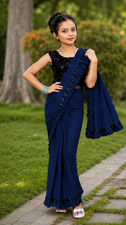 Princess Grace Girls’ Designer Lycra Saree (Navy Blue)