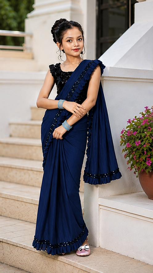 Princess Grace Girls’ Designer Lycra Saree (Navy Blue)