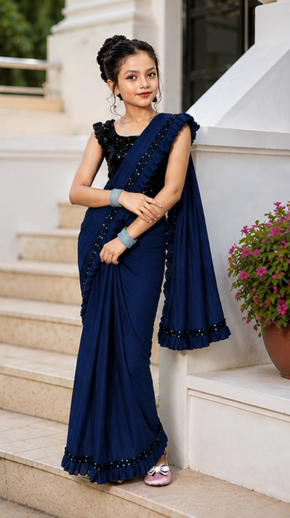 Princess Grace Girls’ Designer Lycra Saree (Navy Blue)