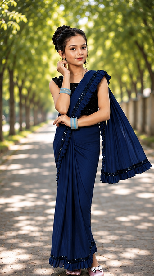 Princess Grace Girls’ Designer Lycra Saree (Navy Blue)