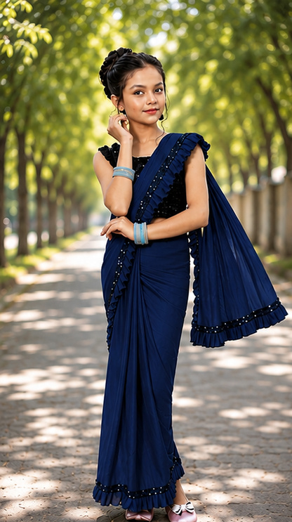 Princess Grace Girls’ Designer Lycra Saree (Navy Blue)
