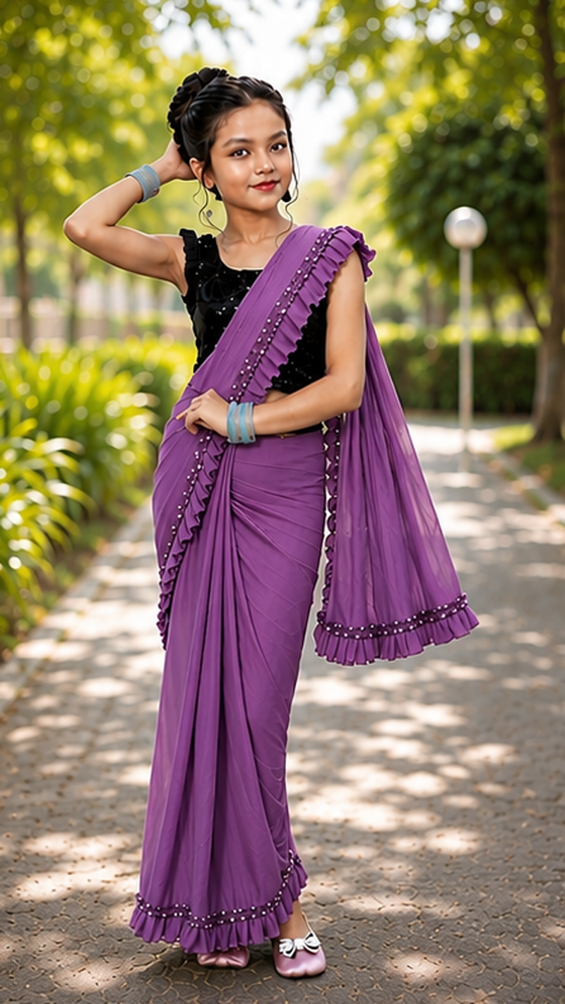 Princess Grace Girls’ Designer Lycra Saree (Purple)