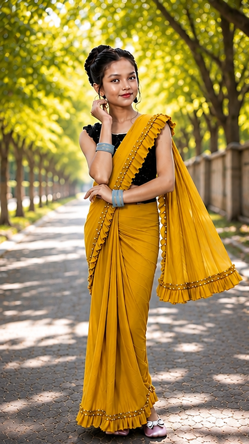 Princess Grace Girls’ Designer Lycra Saree (Mustard)