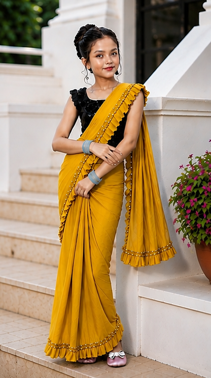 Princess Grace Girls’ Designer Lycra Saree (Mustard)