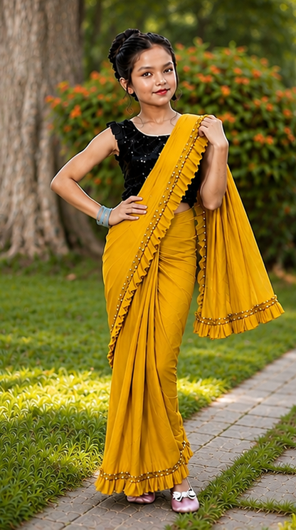 Princess Grace Girls’ Designer Lycra Saree (Mustard)