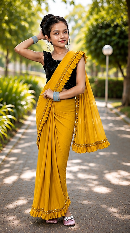 Princess Grace Girls’ Designer Lycra Saree (Mustard)
