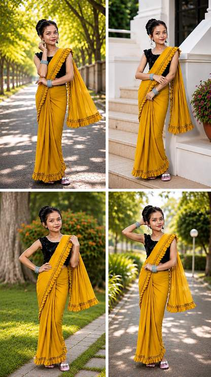 Princess Grace Girls’ Designer Lycra Saree (Mustard)