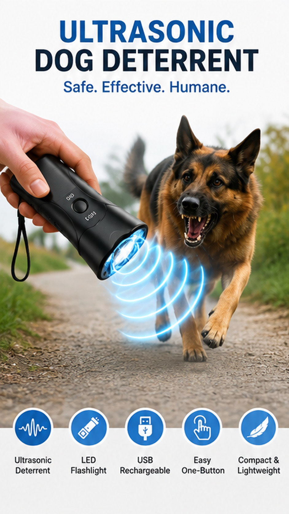 Ultrasonic Dog Chaser & Animal Attack Deterrent with LED Flashlight | USB Rechargeable | 5–15m Range