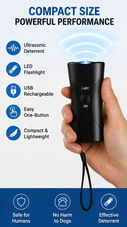 Ultrasonic Dog Chaser & Animal Attack Deterrent with LED Flashlight | USB Rechargeable | 5–15m Range