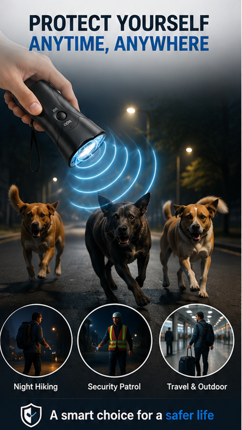 Ultrasonic Dog Chaser & Animal Attack Deterrent with LED Flashlight | USB Rechargeable | 5–15m Range