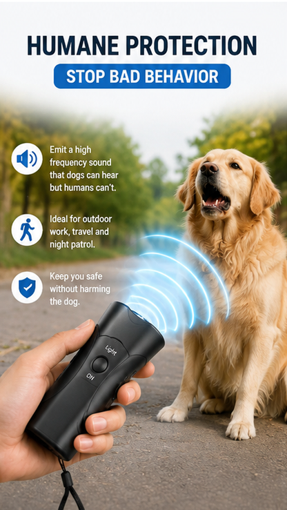 Ultrasonic Dog Chaser & Animal Attack Deterrent with LED Flashlight | USB Rechargeable | 5–15m Range