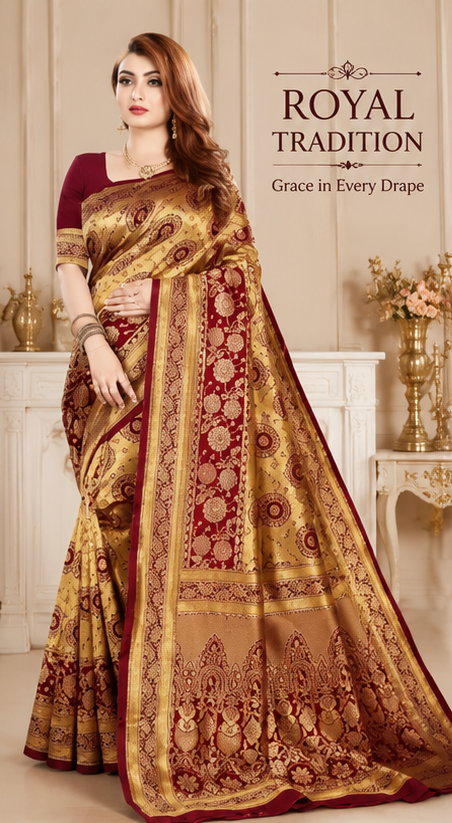 Banarasi Silk Saree With Blouse For Women (Golden & Dark Red, 6.3M)
