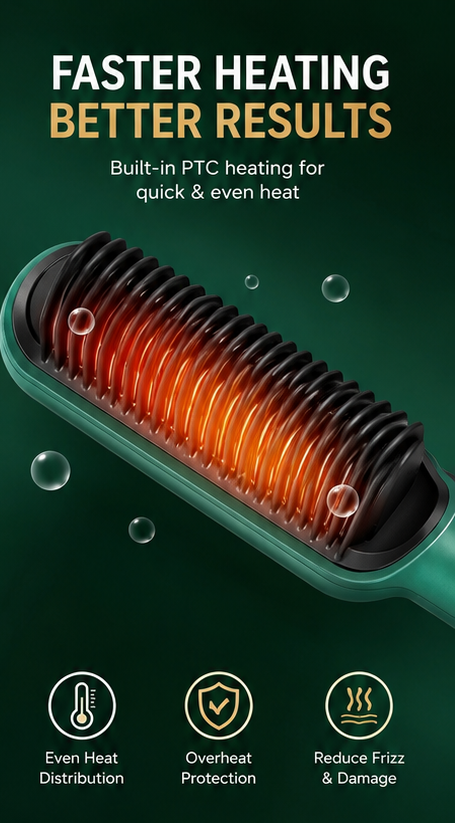 2-in-1 Fast Heat Hair Straightening Comb with Adjustable Temperature