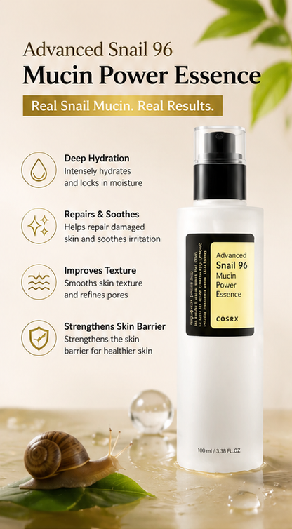 96% Snail Mucin Hydrating & Skin Repair Essence – Deep Moisture & Glass Skin Formula (100 ml × 2)