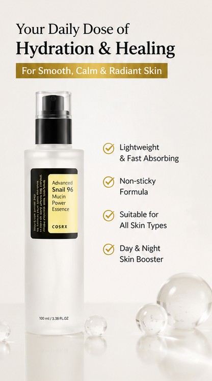 96% Snail Mucin Hydrating & Skin Repair Essence – Deep Moisture & Glass Skin Formula (100 ml × 2)