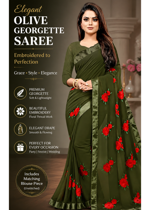 Elegant Olive Georgette Embroidered Saree with Floral Thread Work & Matching Blouse Piece (6.3 m)