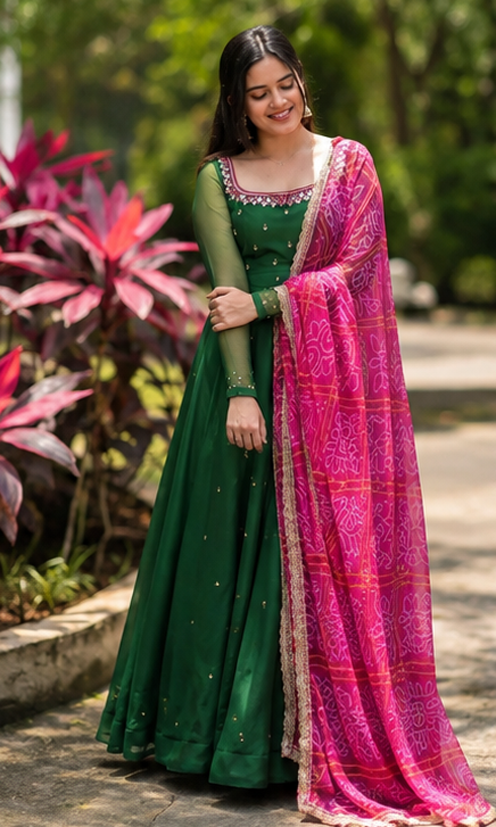 Women's Elegant Solid Georgette Gown Kurta Set with Designer Dupatta – Party Wear Ethnic Dress for Festive, Wedding & Special Occasions