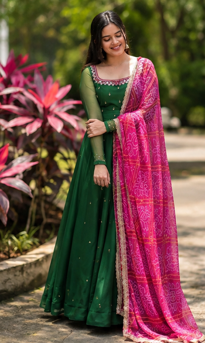 Women's Elegant Solid Georgette Gown Kurta Set with Designer Dupatta – Party Wear Ethnic Dress for Festive, Wedding & Special Occasions